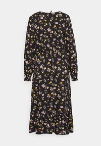 Vestido preto com padrão floral, apresentando mangas longas, uma cintura franzida e uma bainha em babados. O padrão inclui flores cor-de-rosa e amarelas sobre um fundo escuro.