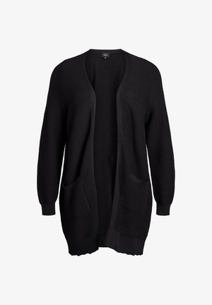 Črni kardigan z odprtim sprednjim delom z rebrasto teksturo, dolgimi rokavi, stranskimi žepi in sproščenim krojem. Izdelan iz mehke, lahke tkanine.
