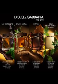 Four Dolce & Gabbana The One perfume bottles with scent types and key ingredients listed below each bottle against a dark background.