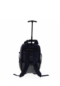 Mochila rodante de color navy con asa telescópica, correas de hombro acolchadas, bolsillos laterales de malla y fondo reforzado para mayor durabilidad.
