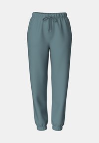 Heathered teal joggebukser med elastisk linning og justerbar snor. Ribbestrikkede ankler og mykt, teksturert stoff for komfort.
