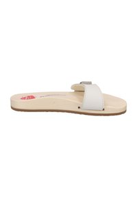 White slide sandal with a textured leather strap, a cushioned beige footbed, and a light brown rubber outsole. Minimalist design with a simple buckle.