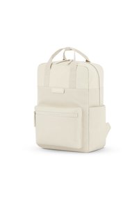 Sac à dos beige au design structuré, avec des poignées supérieures, une poche zippée à l'avant et un matériau texturé. Compact et polyvalent pour un usage quotidien.