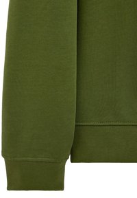 Grüne Sweatshirt-Stoff mit gerippten Bündchen und Saum. Glatte Textur, taillierte Passform, mit sauberen Nähten und konsistenter Farbe.