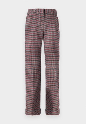 Karirane hlače z rdečim, črnim in belim vzorcem, ravno krojene, z ravnim sprednjim delom in zankami za pas. Izdelane iz teksturirane tkanine.