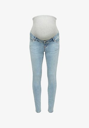 Hele sinised rasedate teksad, millel on toetav hall kangas paneel, mis on loodud kasvava beebikõhu mahutamiseks.