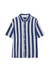 Koszula z krótkim rękawem, z niebieskimi i białymi pionowymi paskami, klasycznym kołnierzykiem i pięcioma guzikami z przodu. Wykonana z lekkiego materiału.
