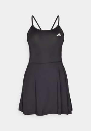 Black athletic dress with a fitted bodice, thin straps, and flared skirt. Features Adidas logo in white on the upper left side. Smooth texture.