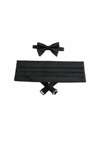 Black bow tie with a textured finish and adjustable strap, paired with a pleated black waist sash featuring buckles for secure fit.