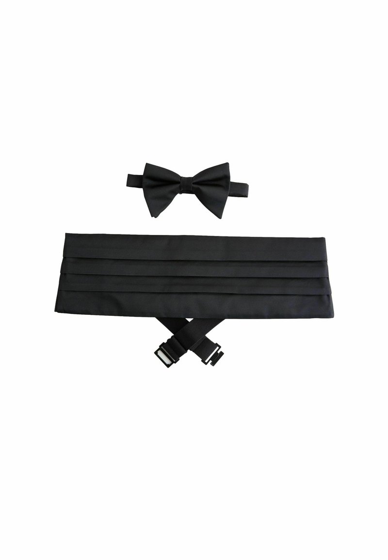 Black bow tie with a textured finish and adjustable strap, paired with a pleated black waist sash featuring buckles for secure fit.