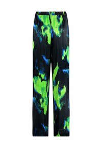 Pantalons en tissu noir avec des motifs abstraits verts et bleus ; coupe décontractée ; taille élastique ; texture lisse.