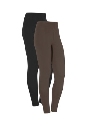 To par tætsiddende leggings, én sort og én brun, vist side om side på en hvid baggrund.