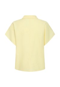 Blouse à manches courtes jaune clair avec un ourlet droit et un petit col, vue de dos sur un fond blanc.
