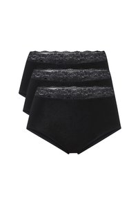 Tre paia di mutande nere di cotone a vita alta con bordi in pizzo lungo l'elastico in vita, texture liscia e senza pattern visibili.