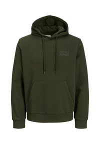 Green hoodie made from soft fabric, featuring a front pocket, drawstring hood, and embossed "JACK & JONES" logo on the chest.