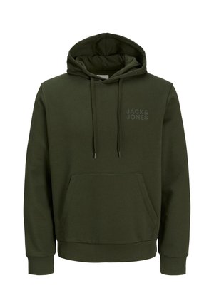Zelena dukserica od mekog materijala, s prednjim džepom, kapuljačom sa vezicom i utisnutim logotipom "JACK & JONES" na grudima.
