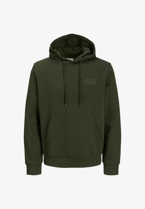 Grüne Kapuzenjacke aus weichem Stoff, mit Fronttasche, Kordelzug an der Kapuze und geprägtem "JACK & JONES"-Logo auf der Brust.