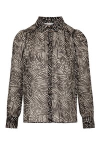 Zwart-witte blouse met stippen, hoge kraag, knoopsluiting en pofmouwen. Gemaakt van een doorschijnende, lichte stof.