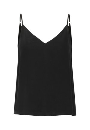 Juoda be rankovių kamšalis su plonais reguliuojamais petnešomis ir V formos iškirpte, pateiktas ant vientiso balto fono.