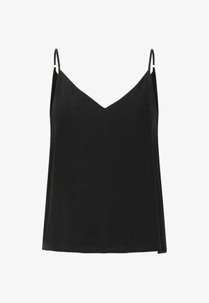 Juoda be rankovių kamšalis su plonais reguliuojamais petnešomis ir V formos iškirpte, pateiktas ant vientiso balto fono.