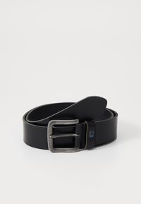 Black leather belt with a silver metal buckle, featuring a smooth texture and a simple, classic design. Accents include a blue detail near the buckle.
