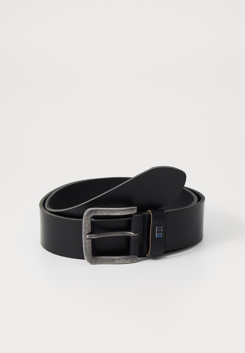 Black leather belt with a silver metal buckle, featuring a smooth texture and a simple, classic design. Accents include a blue detail near the buckle.