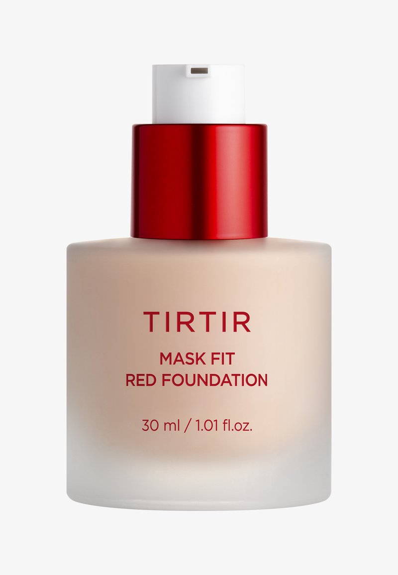TIRTIR Mask Fit Red Foundation, 30 ml. Glass bottle with a beige base, red metallic cap, and white dispensing nozzle.