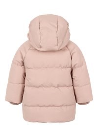 Rosa puffet jakke med hette, quiltet design og ribbestrikkede mansjetter. Mykt materiale med glatt overflate, egnet for kaldt vær.