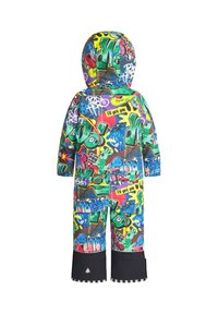 Färgglad snödräkt med ett graffiti-mönster i grön, blå, gul och röd, med en huva och svarta bottenpaneler för hållbarhet.