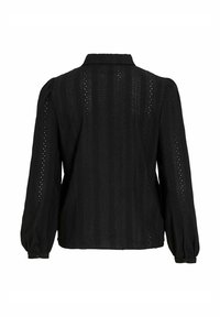 Must have käised ja kraega must särk. Tekstuurne kangas näitab vertikaalseid triibusid ning väikeseid lõikekujusid seljaosas.