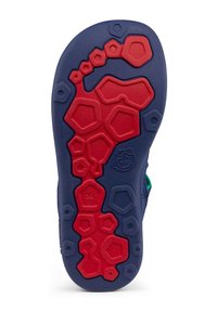 Suola di sandalo con motivi esagonali. Predominantemente blu navy con accenti rossi. Presenta una superficie testurizzata per la presa e una taglia marcata 28.