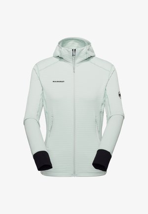 Lysegrøn Mammut-jakke med hætte, tekstureret stof, sorte manchetter, fuld lynlås og sidelommer.