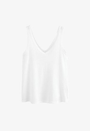 Balta be rankovių marškiniai su giliu V-wnu, pagamintas iš minkštos medžiagos, pasižymintis laisvu siluetu ir glotnia tekstūra.