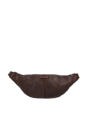 Brown leather fanny pack featuring a curved design, textured surface, adjustable strap, and a small brand label on the front.