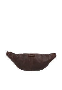 Brown leather fanny pack featuring a curved design, textured surface, adjustable strap, and a small brand label on the front.