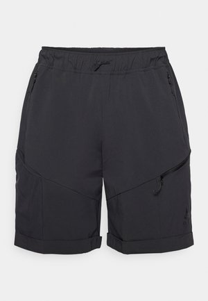 Shorts deportivos negros con cinturilla elástica, bolsillos laterales con cremallera y dobladillo doblado. Hechos de un tejido ligero y suave con un acabado mate.