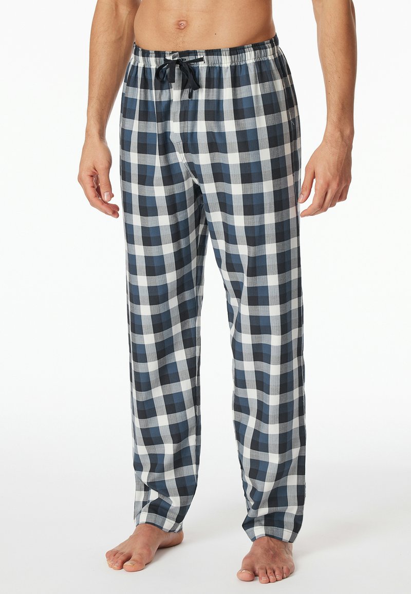 Heren pyjamabroek in een blauw, zwart en wit ruitpatroon; lichtgewicht stof met een elastische tailleband en trekkoord; taperende pijpen.