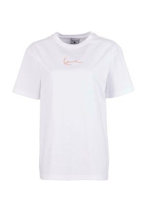 Biela bavlnená tričko s okrúhlym výstrihom a krátkymi rukávmi, na prednej strane s vyšitým svetlooranžovým logom.