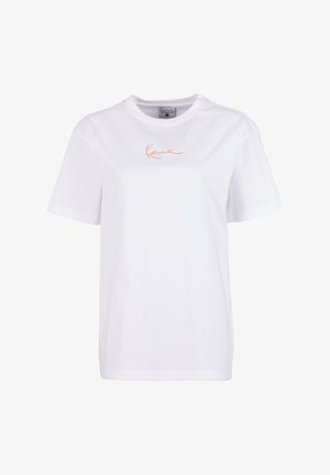 Biela bavlnená tričko s okrúhlym výstrihom a krátkymi rukávmi, na prednej strane s vyšitým svetlooranžovým logom.