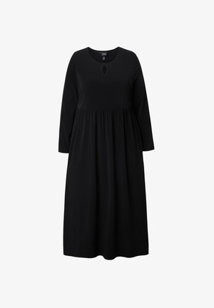 Robe midi noire à manches longues avec taille froncée et petit détail en forme de clé sous l'encolure ronde, sans motifs ni embellissements visibles.