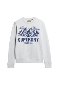 Felpa grigia heather con grafica di montagna blu e testo "SUPERDRY TREK-O-REE". Collo a giro classico e polsini a costine sulle maniche e sull'orlo.