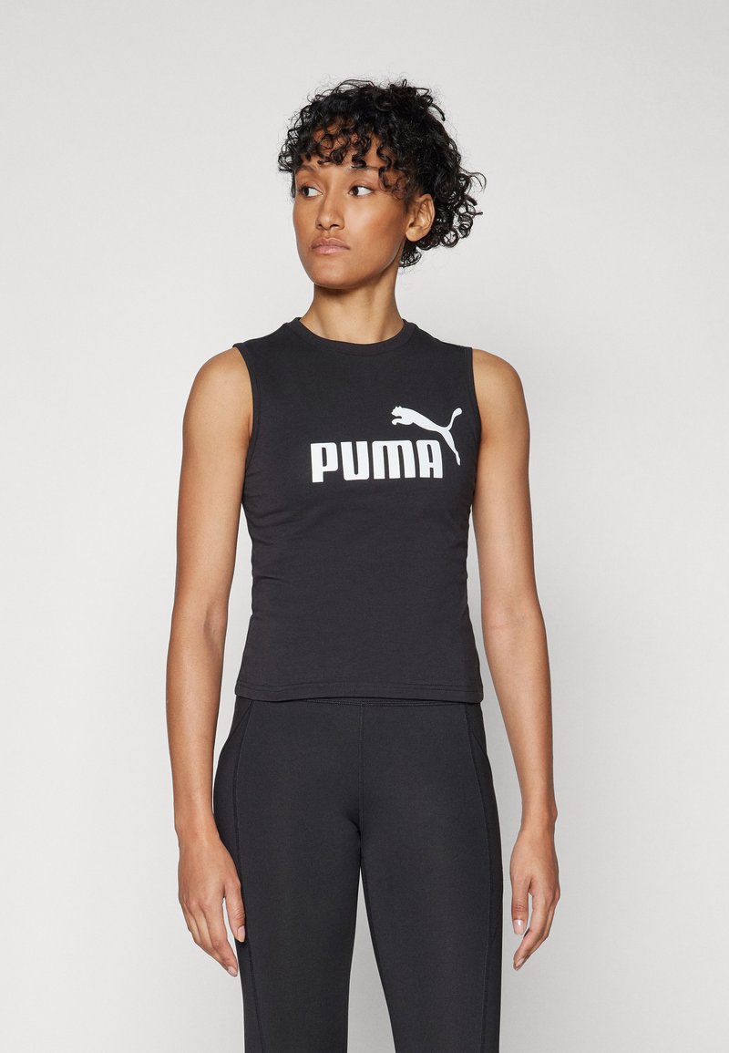 Juodas be rankovių sportinis viršus su baltu "PUMA" logotipu ir katės emblema priekyje, pagamintas iš minkštos, tamprios medžiagos.