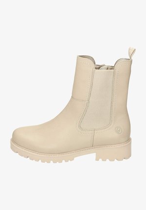Bottines en cuir beige avec des panneaux élastiques sur les côtés, surface texturée, bout rond et semelle en caoutchouc robuste. Elles sont dotées d'une languette à l'arrière.