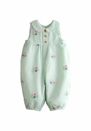 Ärmelloser Baby-Strampler aus mintgrünem Seersucker-Stoff, mit kleinen rosa und marineblauen Blumenmustern, gewelltem Kragen, drei Holzknöpfen und elastischen Bündchen.