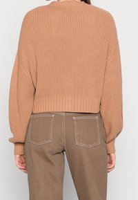 Pull court en maille beige chaud avec de larges manches et un ourlet côtelé. Porté avec un pantalon marron avec des coutures contrastantes et des poches.