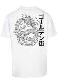 Weißes T-Shirt mit detailliertem schwarzen Umriss eines Drachen auf dem Rücken, begleitet von japanischem Text in fetten schwarzen Zeichen.