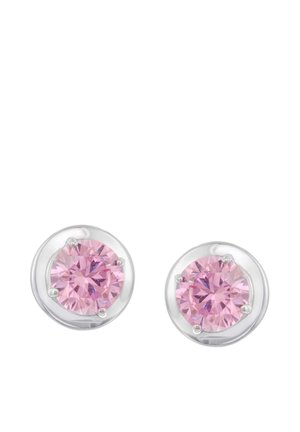 Silberne Ohrstecker, jeder mit einem runden, facettierten rosa Edelstein in einer Vier-Krappen-Fassung.