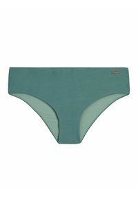 Slip bikini aqua green con una texture liscia, design classico, taglio a vita media e branding minimale sul lato.