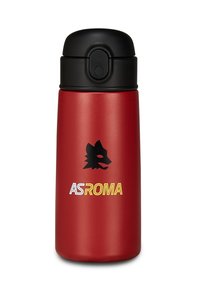Bottiglia d'acqua in acciaio inossidabile rosso con tappo nero. Presenta un logo di lupo e il testo "ASROMA" in giallo. Texture liscia, forma cilindrica.