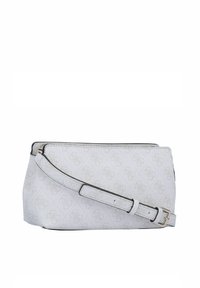 Borsa a spalla bianca realizzata in materiale testurizzato, con un motivo monogram sottile, bordi neri e una tracolla removibile con fibbia in argento.